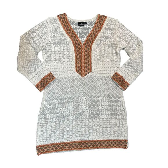 Zola Earthly Fashions Ivory Lacey Tunic Dress with Embroidered Accents Large - Picture 1 of 10